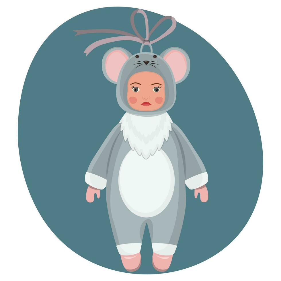 Christmas toy   a child in a fancy dress of a mouse. Christmas tree decoration in retro style. The concept of winter holidays and celebrations. Vector illustration.