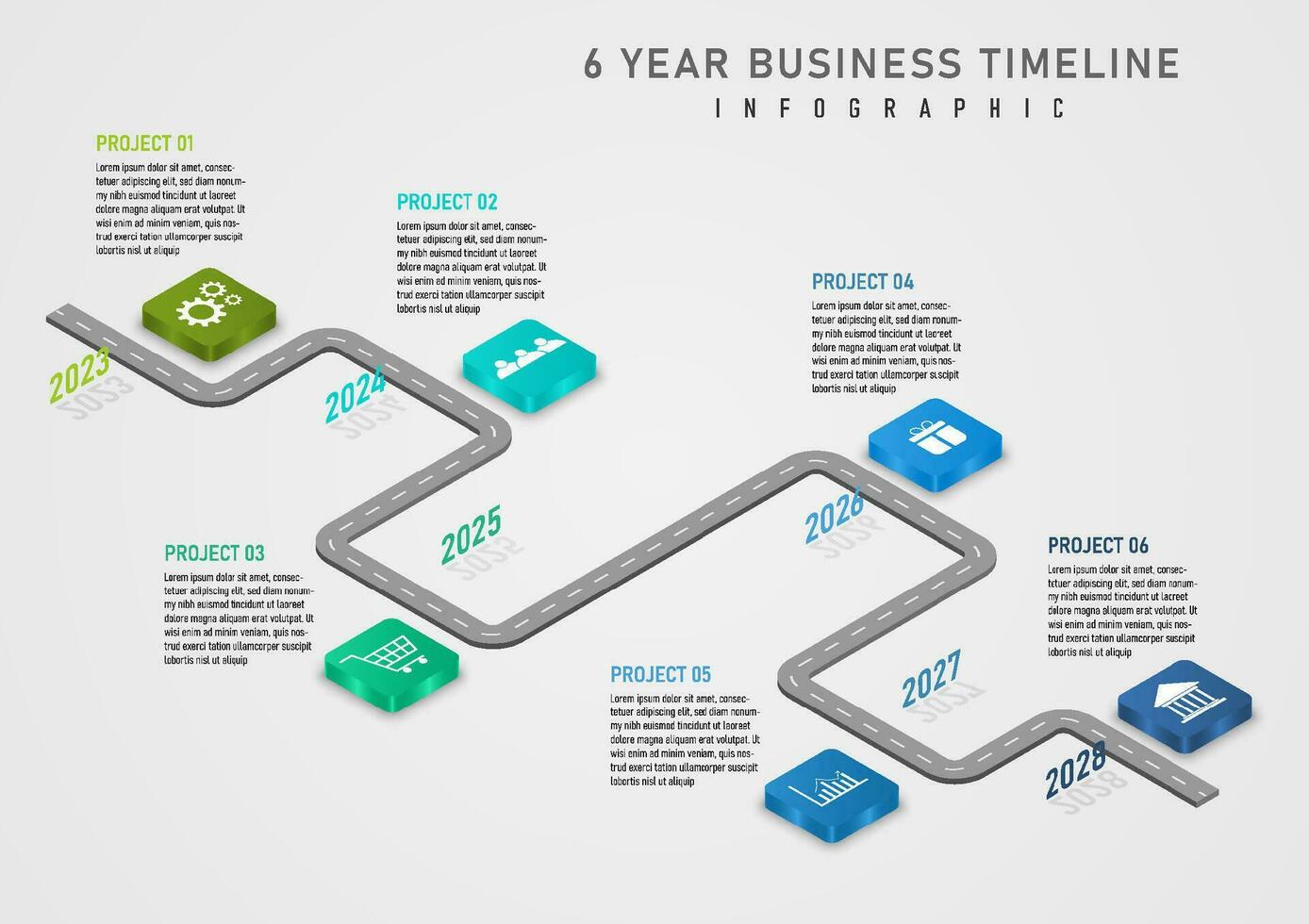 3d infographic timeline 6 years gray road top letter Multi-colored isometric squares have icons in the center. year numbers with shadow gray gradient background for business, marketing, project vector