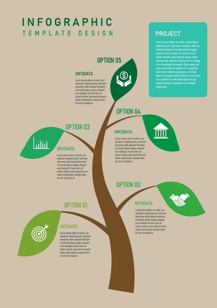 infografía modelo 5 5 opciones curvo árbol con verde hoja icono en centrar Entre el ramas allí es un letra en el Superior Derecha esquina con un marco y blanco letras. marrón antecedentes vector