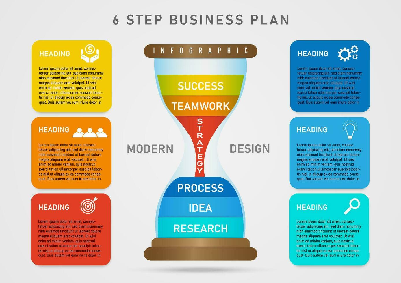 3d infographic hourglass 6 steps business plan success color background middle with white letters On the left and right sides are icons and text on multi-colored squares. gray gradient background vector