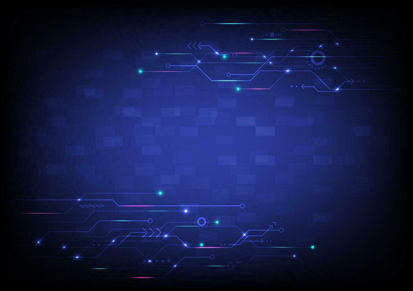 Abstract Background Technology Electronic Circuit with Elements There is a circle with a bright glowing line with empty space in the center and a blue gradient background square. vector