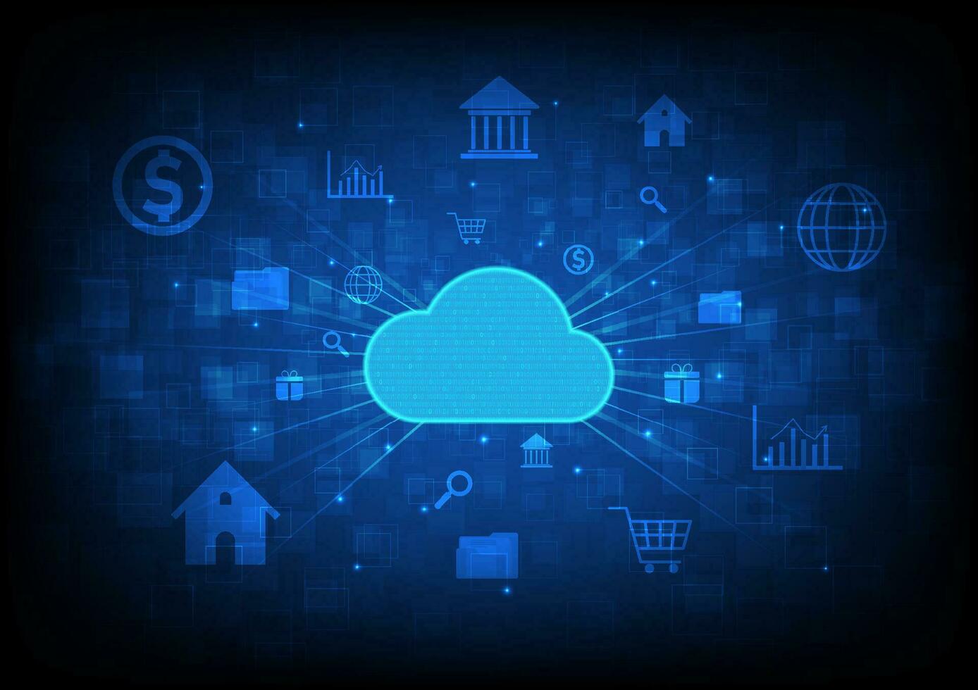 Abstract technology, big data storage system of cloud computing with binary numbers with many types of icons, beams and bright dots. Squares of various sizes are overlapped. blue gradient background vector