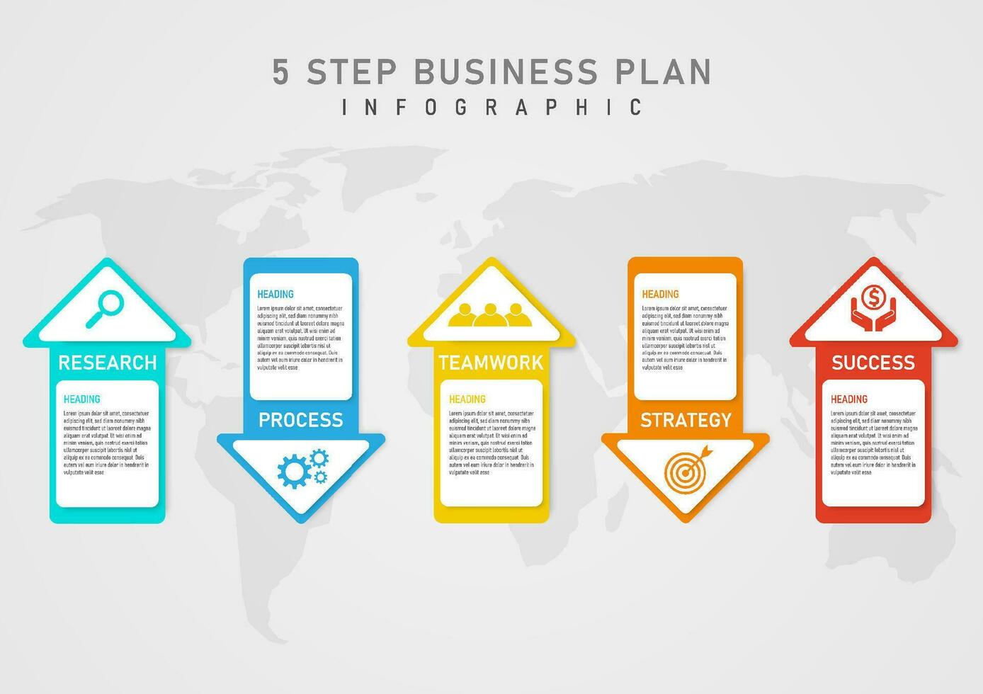 infographic template 5 step business plan success multi colored arrows spiky icon The letters in the center on a white background have a map on a gray gradient background. vector