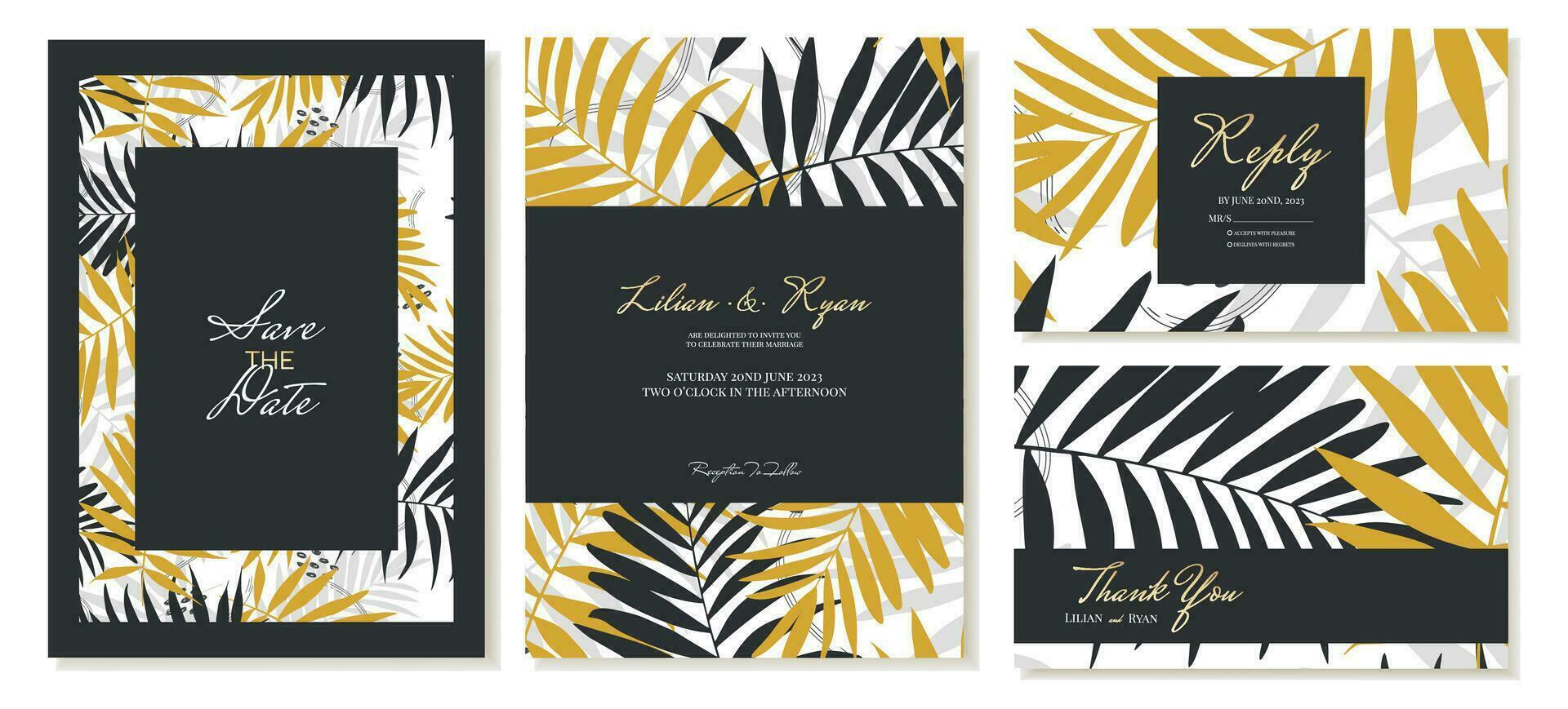 Boda invitación con gracias usted tarjetas y RSVP. verano tema, palma hojas, tropical estilo en negro y oro. vector modelo.