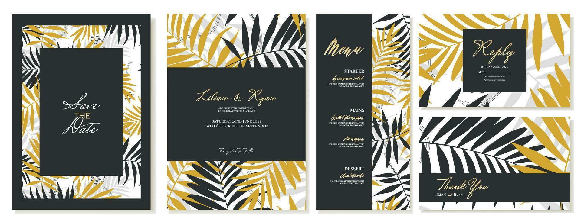 Wedding invitation with thank you and rsvp cards and menu. Summer theme, palm leaves, tropical style in black and gold. Vector template.