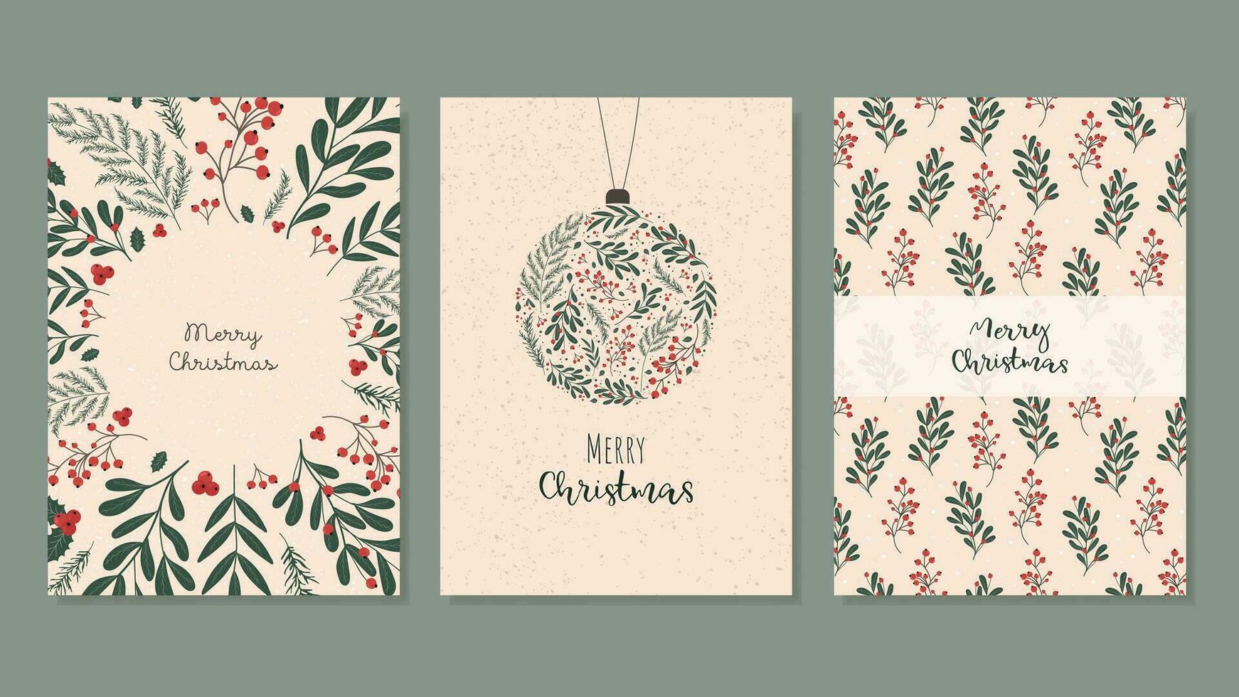 Set of Christmas cards with Christmas branches and red berries. Vector