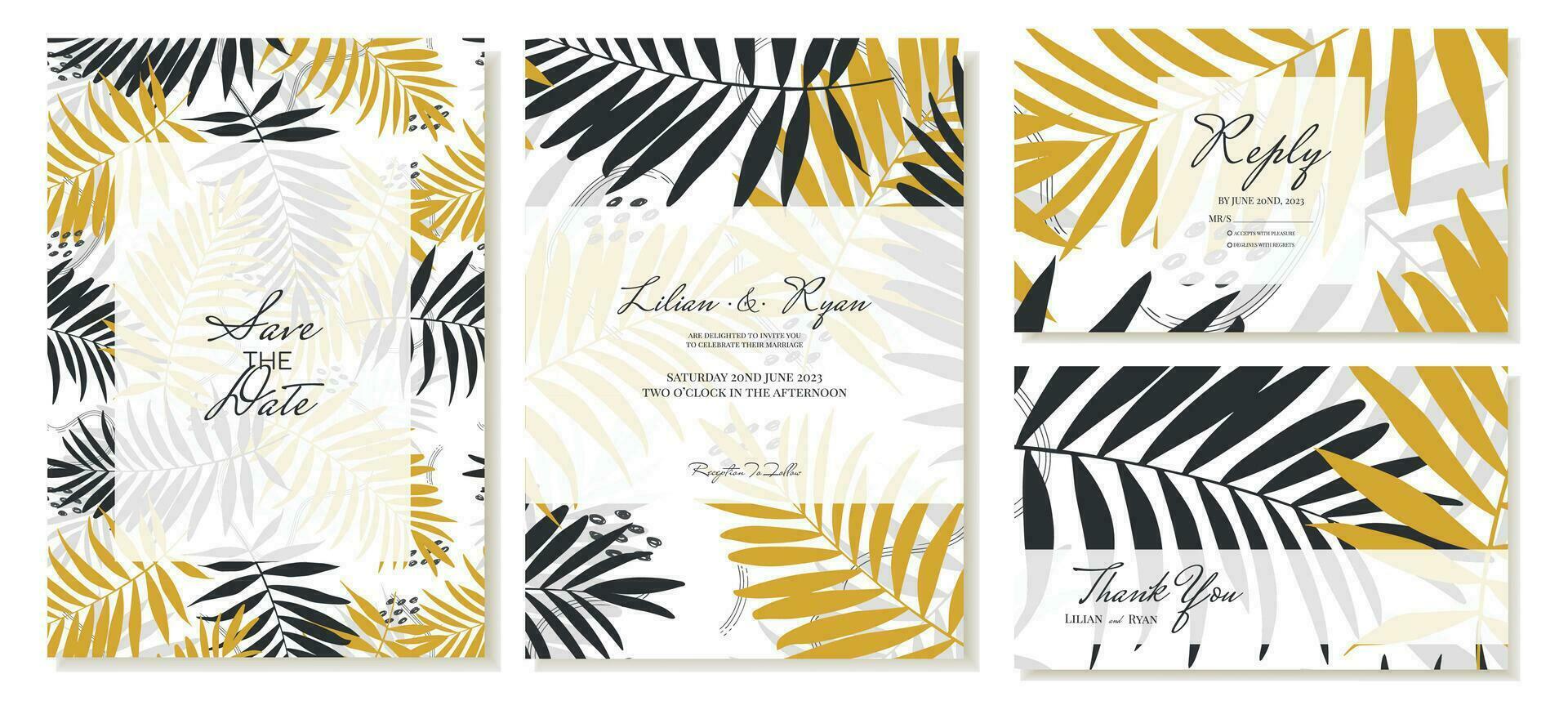 Boda invitación con gracias usted tarjetas y RSVP. verano temas, palma hojas, tropical estilo. vector modelo.