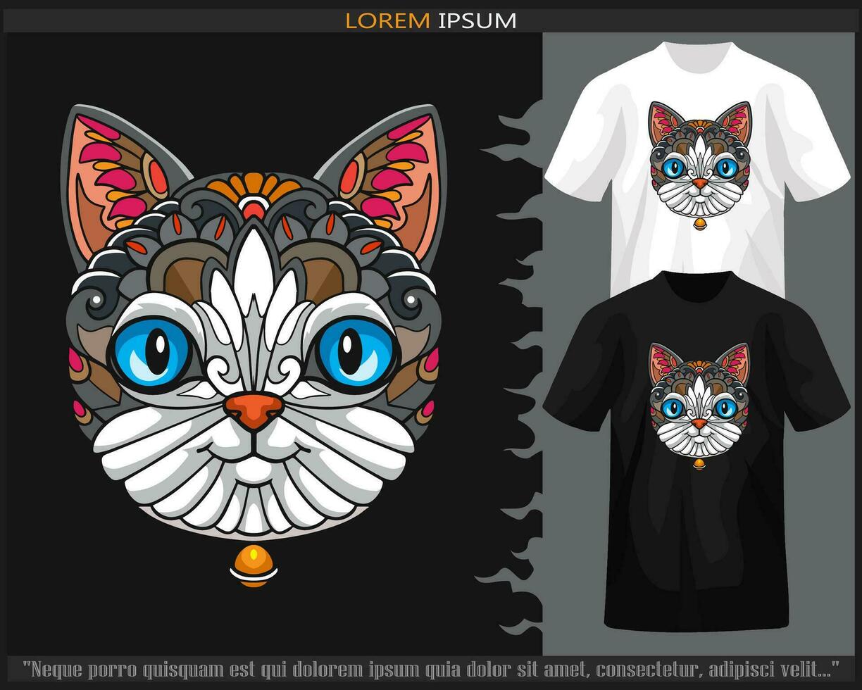 Colorful cat mandala arts isolated on black and white t shirt. vector