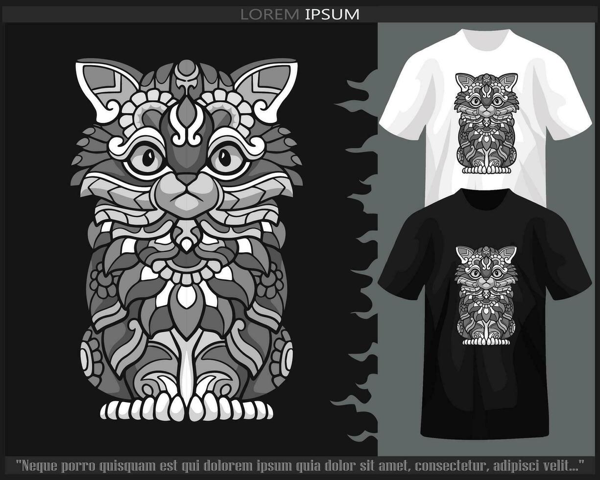 Monochrome cat mandala arts isolated on black and white t shirt. vector