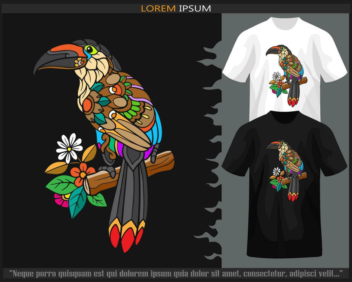 Colorful mountain toucan bird mandala arts isolated on black and white t shirt. vector