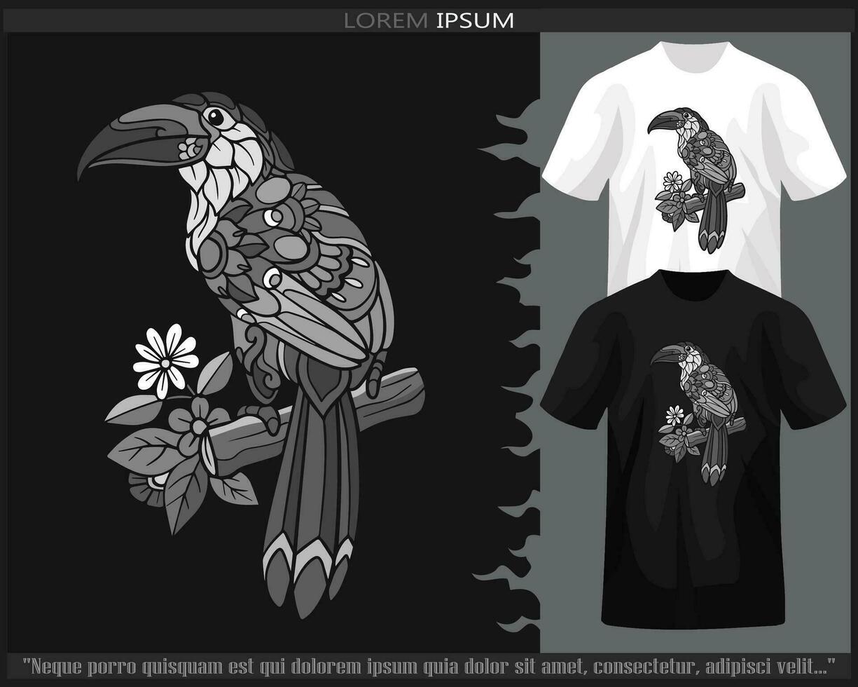 Monochrome mountain toucan bird mandala arts isolated on black and white t shirt. vector