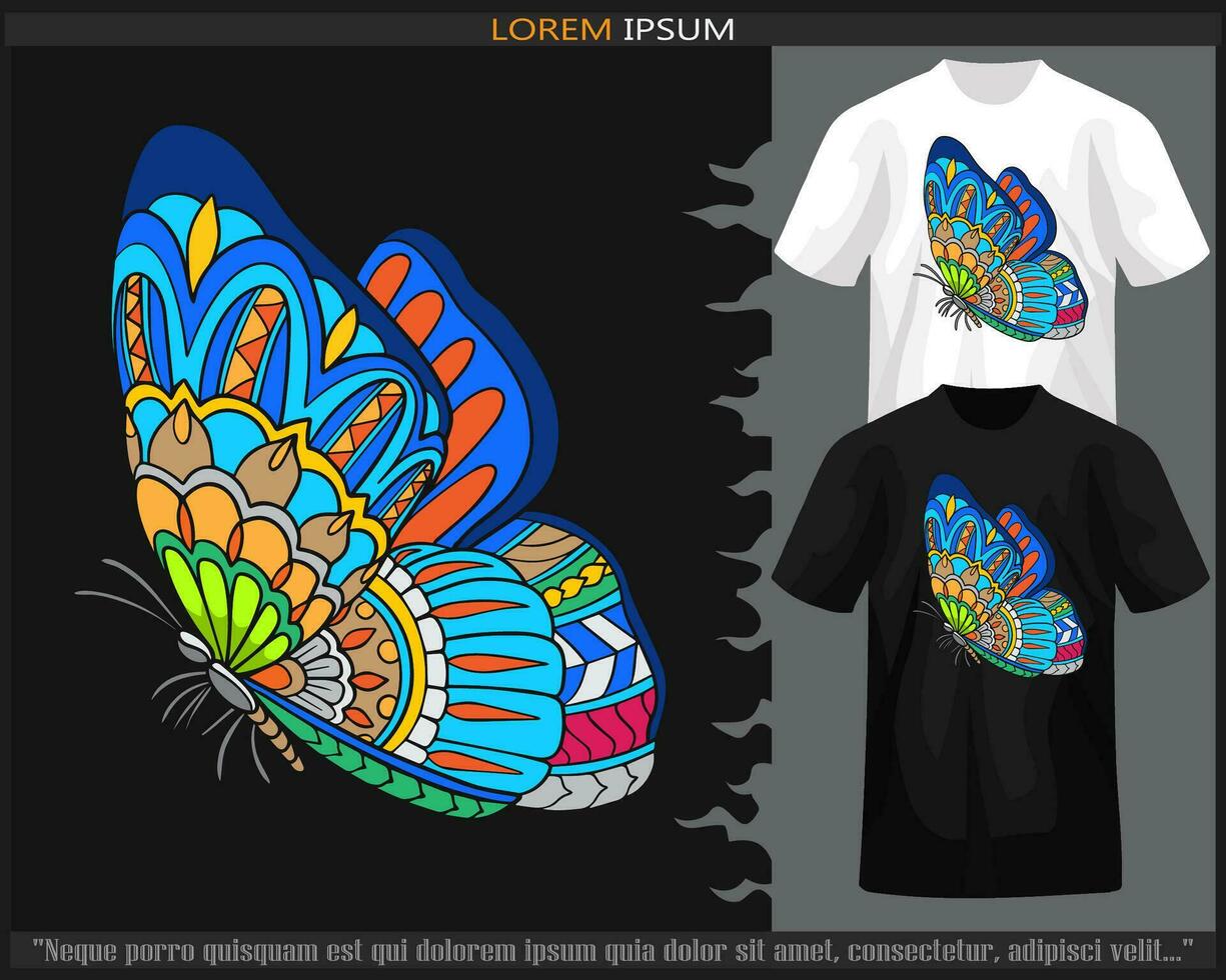 Colorful Butterfly mandala arts isolated on black and white t shirt. vector