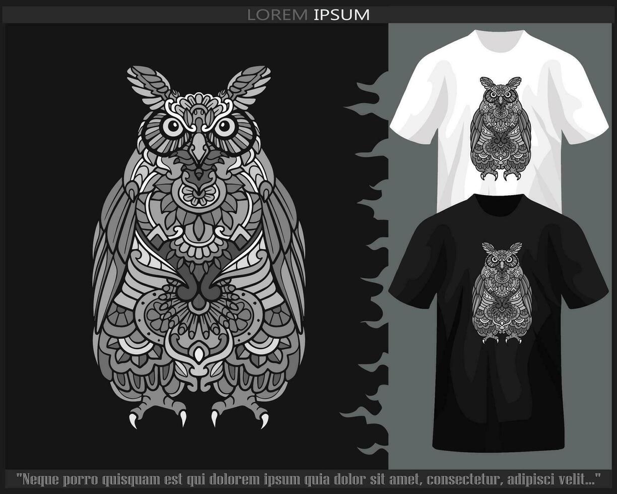 Monochrome owl bird mandala arts isolated on black and white t shirt. vector