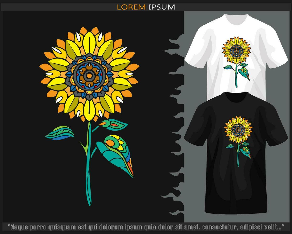 Colorful sunflower mandala arts isolated on black and white t shirt. vector