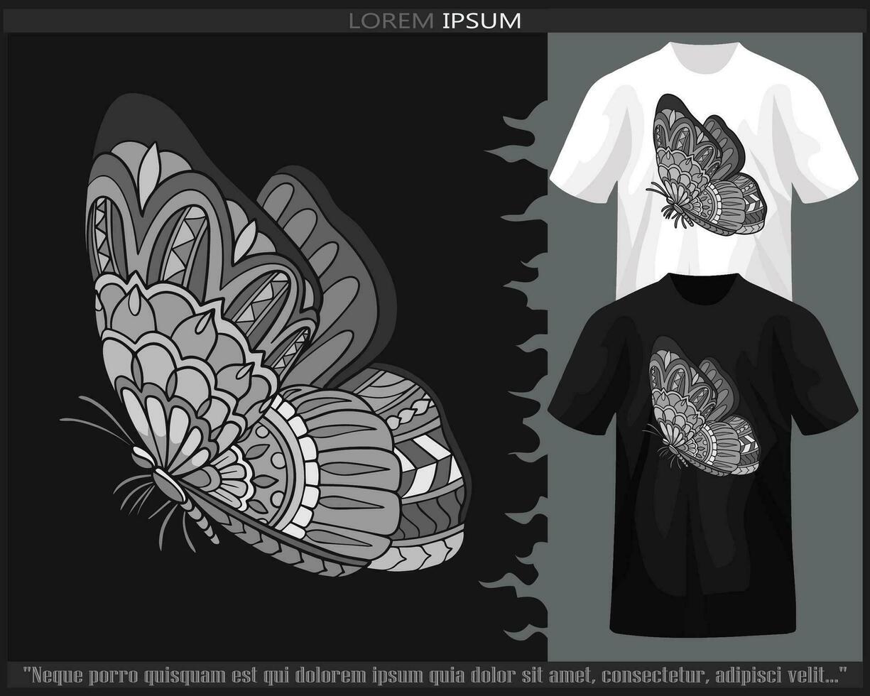 monocromo mariposa mandala letras aislado en negro y blanco t camisa. vector