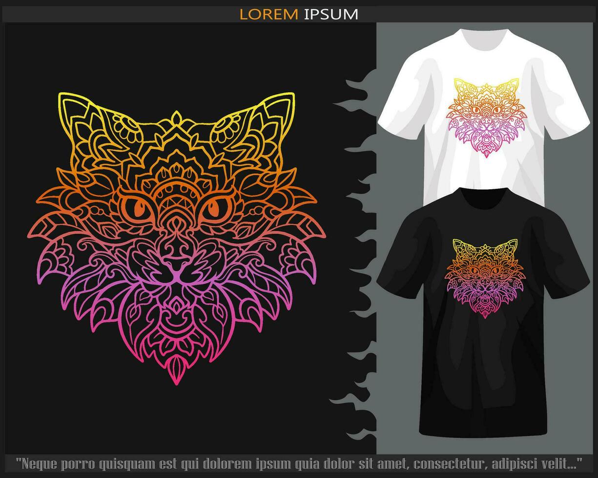 Gradient Colorful cat head mandala arts isolated on black and white t shirt. vector