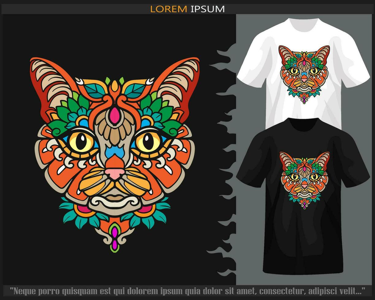 Colorful cat mandala arts isolated on black and white t shirt. vector