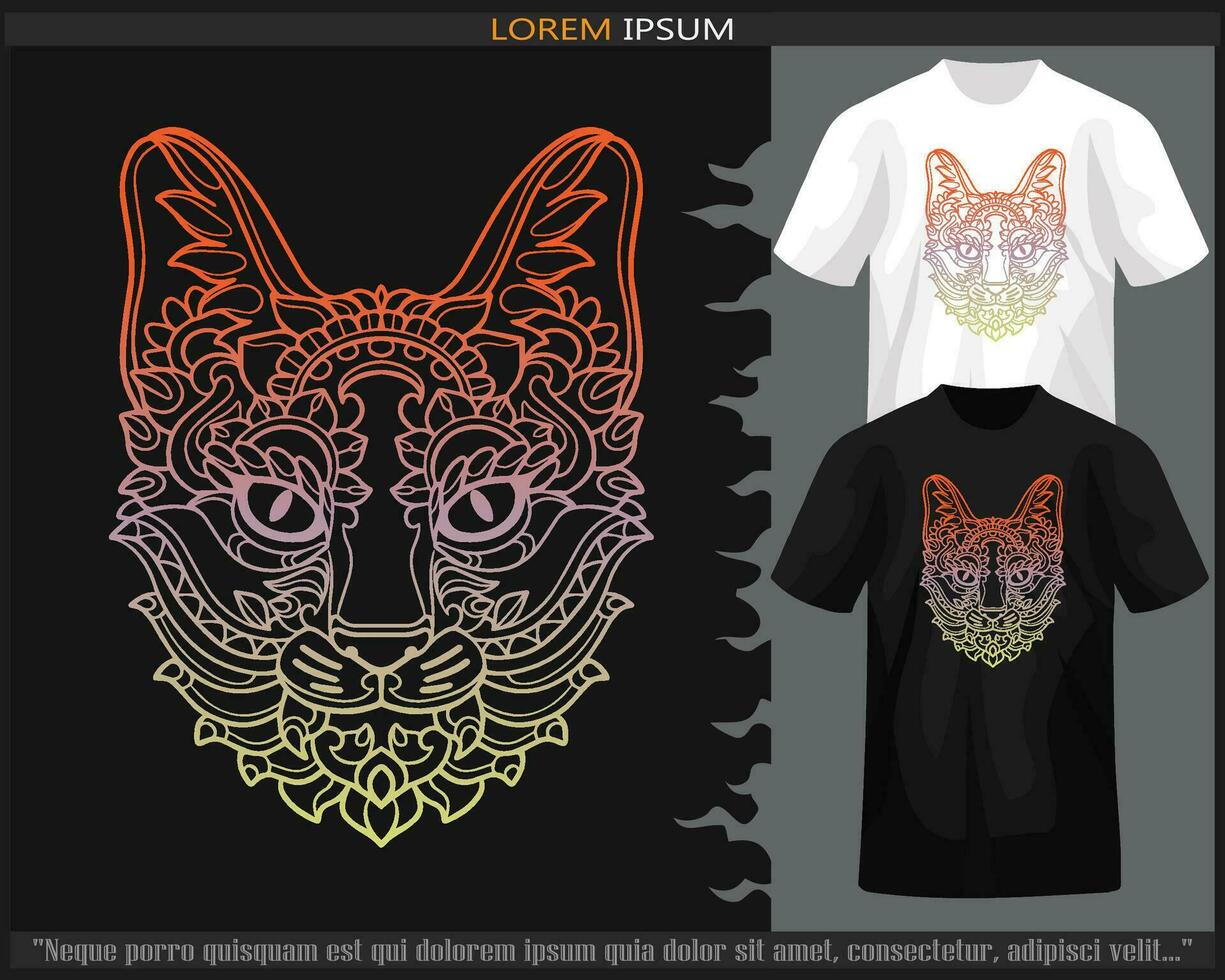 Gradient Colorful of cat mandala arts isolated on black and white t shirt. vector