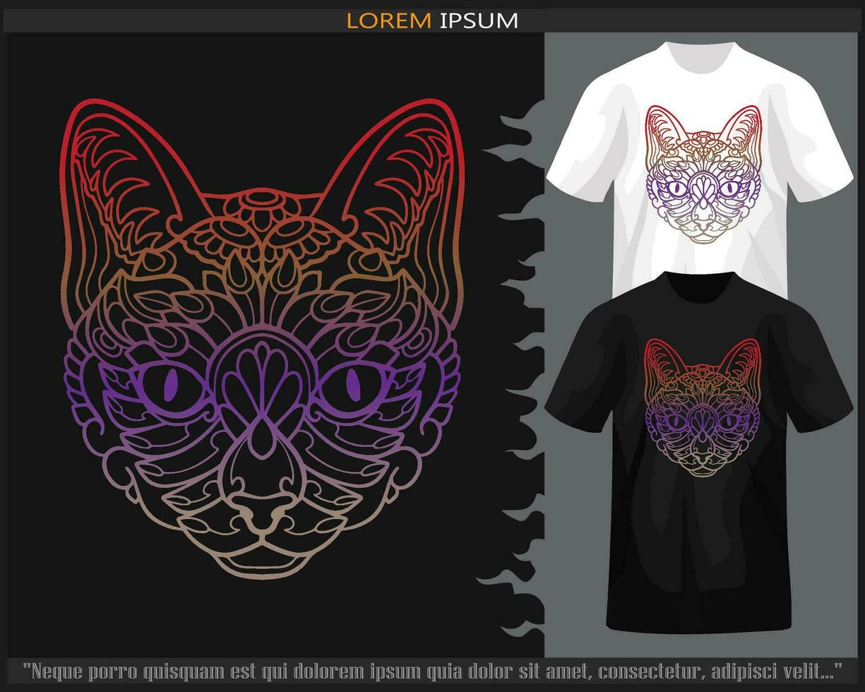 Gradient Colorful of cat mandala arts isolated on black and white t shirt. vector