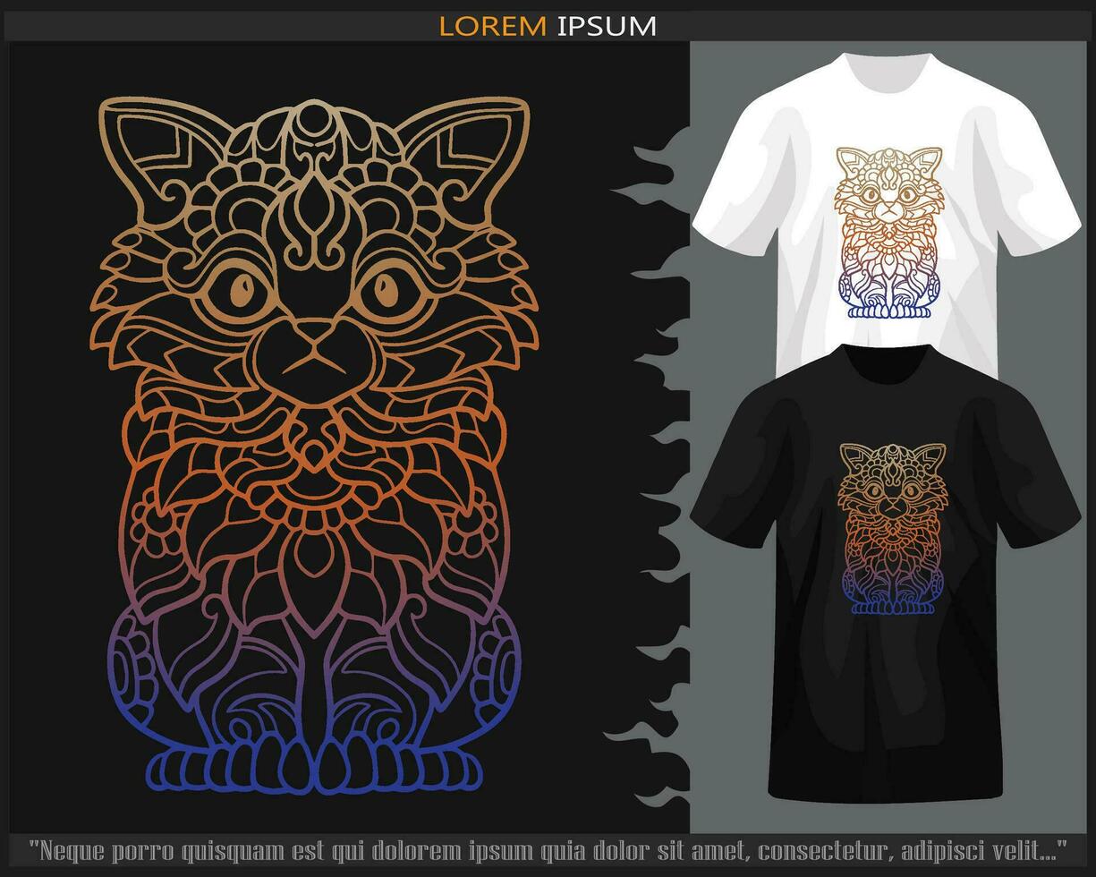 Gradient Colorful of cat mandala arts isolated on black and white t shirt. vector