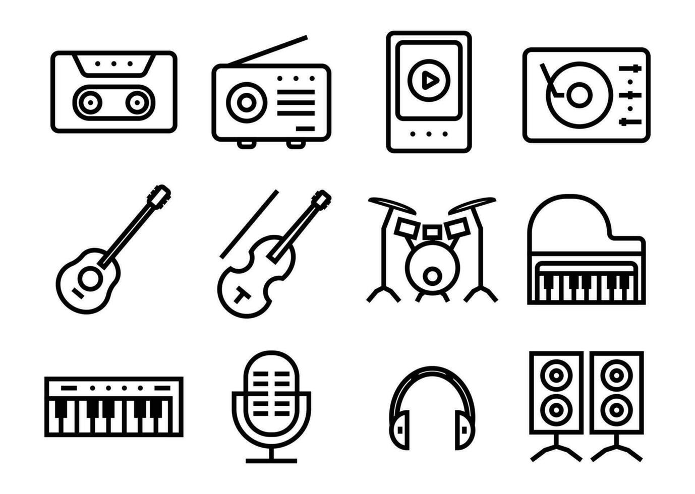 Collection of musical instrument icons guitar, violin, drums, piano, keyboard, etc. Musical