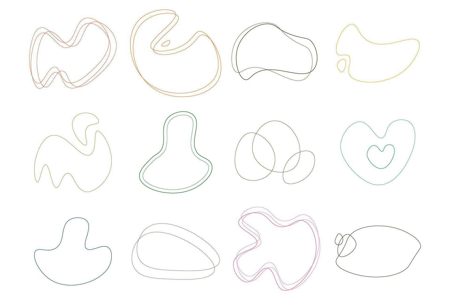 Abstract blob round line shapes set. collection of random line art, irregular line organic shape. Vector illustration