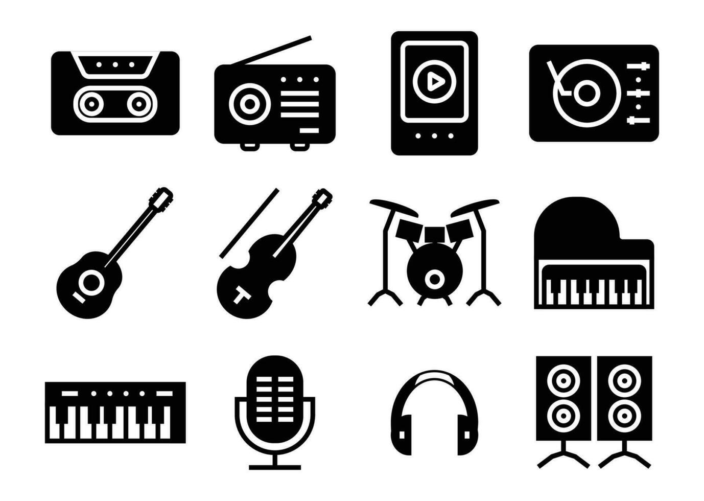 Collection of musical instrument icons guitar, violin, drums, piano, keyboard, etc. Musical instrument line symbols. Vector illustration