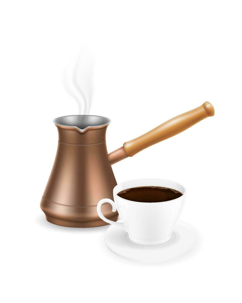 copper turkish coffee pot with wooden handle for making drink vector