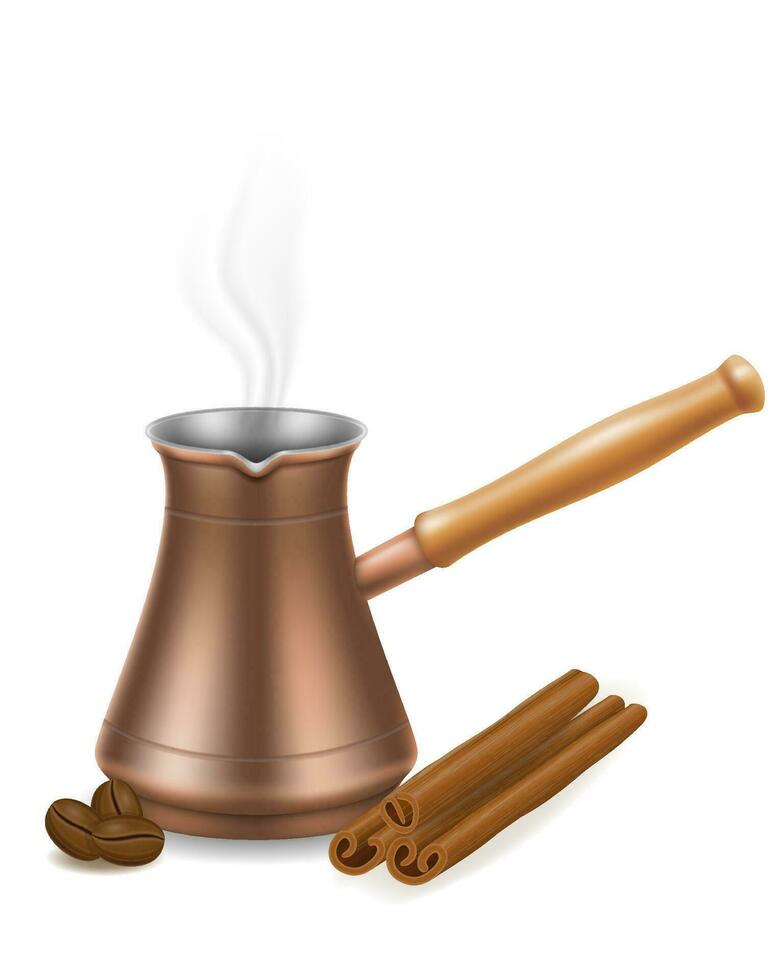 copper turkish coffee pot with wooden handle for making drink vector illustration isolated on white background