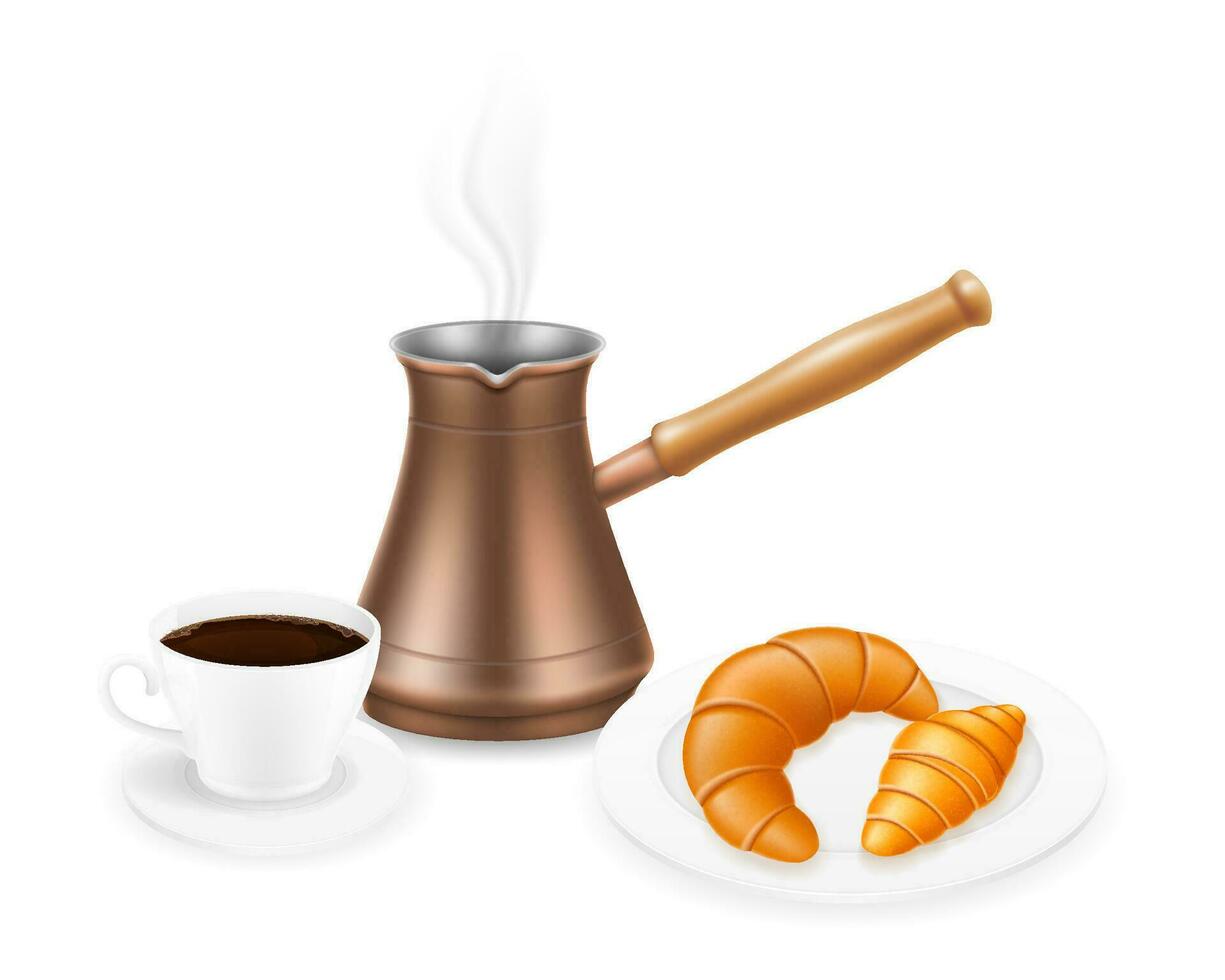 copper turkish coffee pot with wooden handle for making drink vector illustration isolated on white background