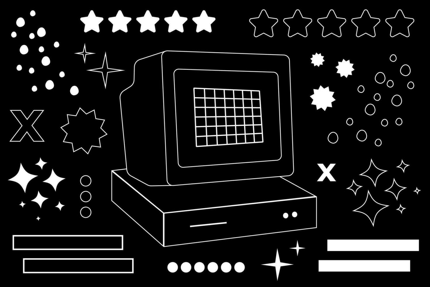Retro computer monitor. Black and white vector illustration. 90s and y2k PC style. Linear geometric shapes and stars. Contour drawing.