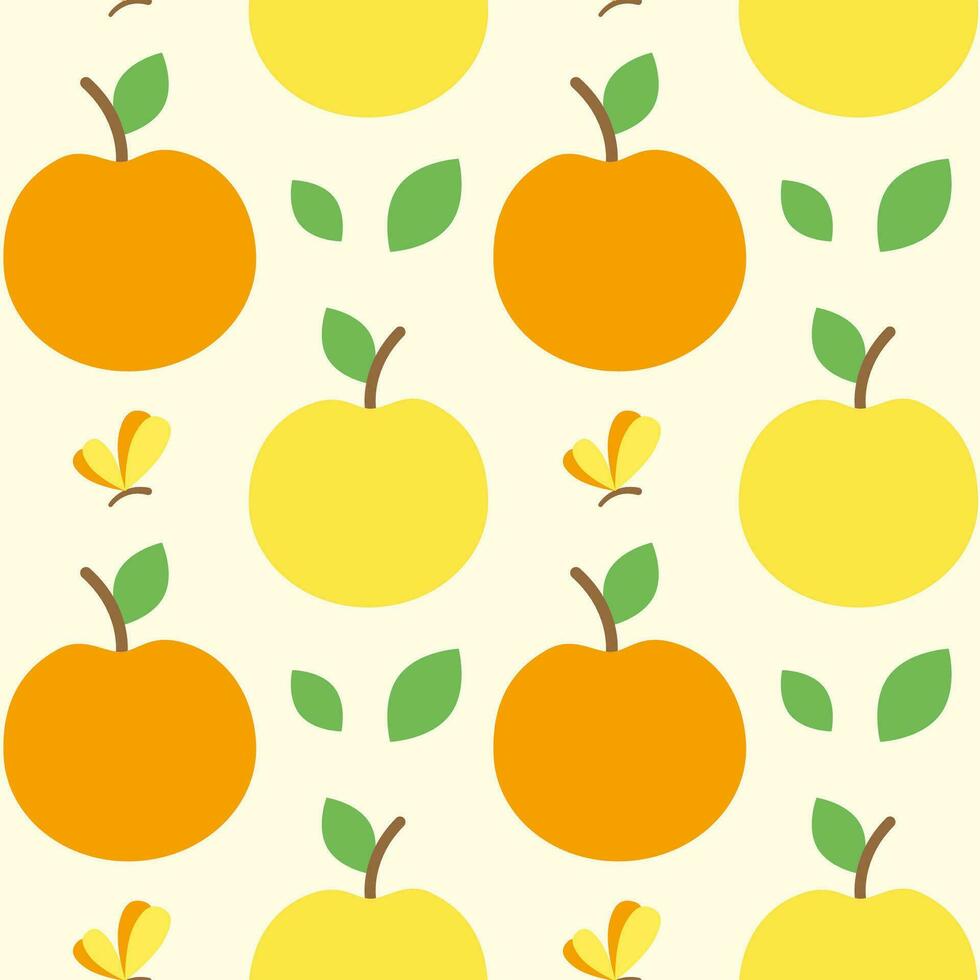 Seamless pattern with apples. Vector illustration. Summer background with fruits, leaves and butterflies. Print for kids.