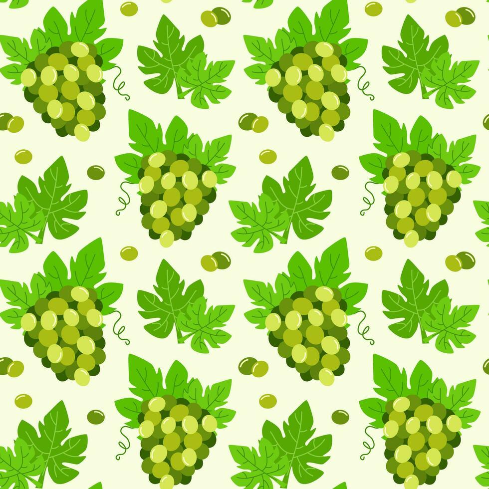 Seamless pattern with bunches of green grapes. Vector illustration with fruit. Summer background with berries of grapes and leaves.