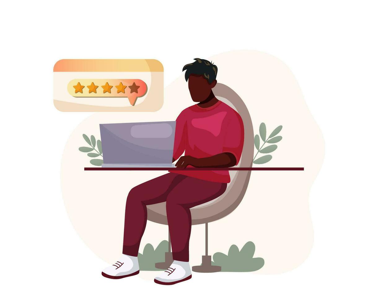 Feedback and review. black character at the computer leaves a review. Vector. vector