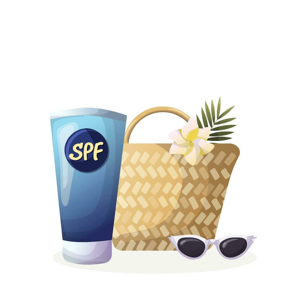 Illustration concept for sun protection. sunscreen, bag, tropical flower on a white background vector