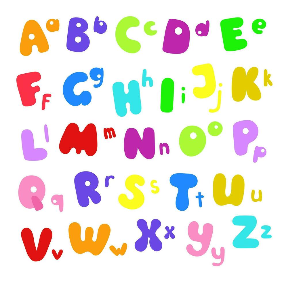 Letters of English alphabet capital and small of different bright colors, cartoon style hand drawn abc set vector illustration, cute funny decorative lettering