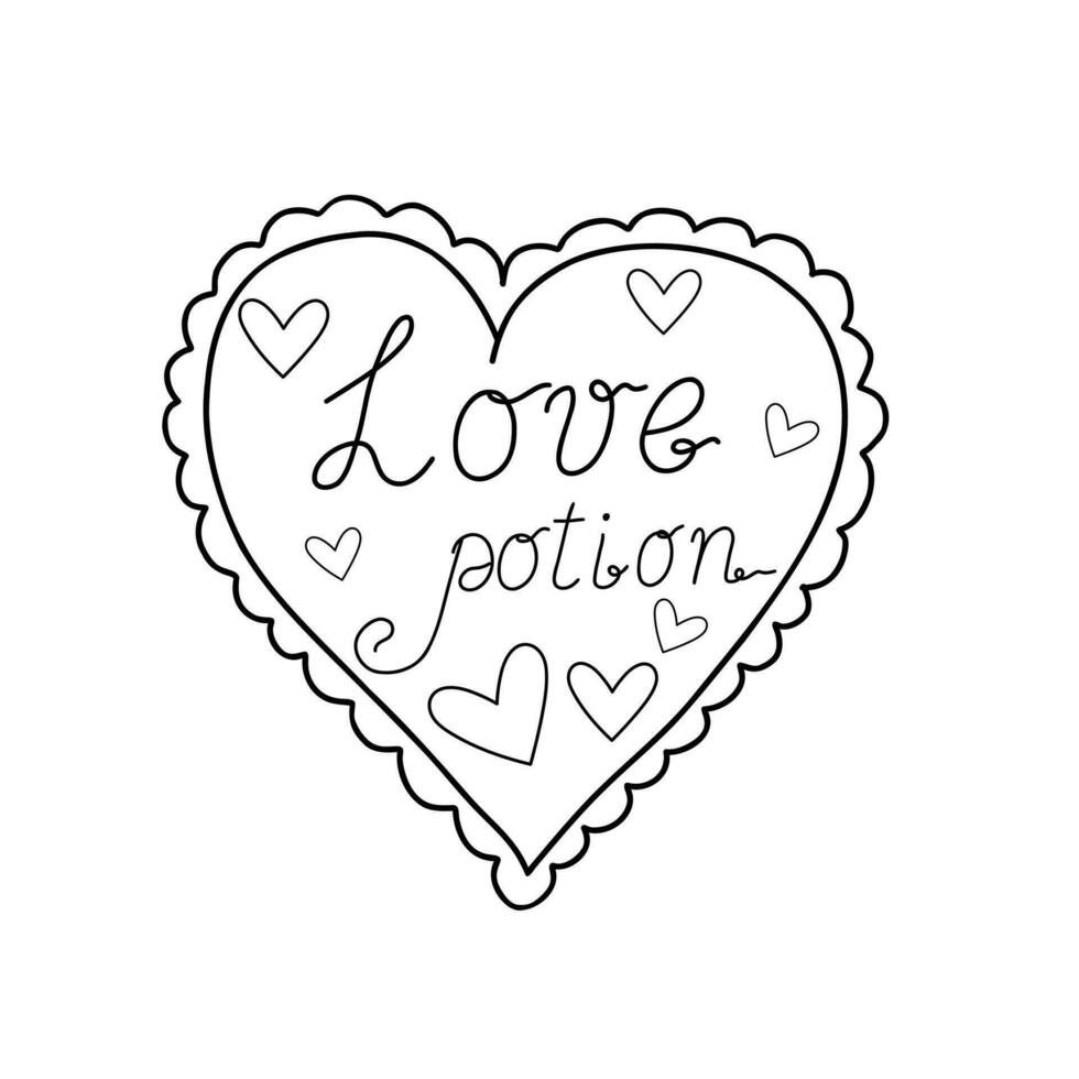 Magic love potion simple outline etiquette inscription, label for liquid substance vector illustration, handwritten Halloween lettering