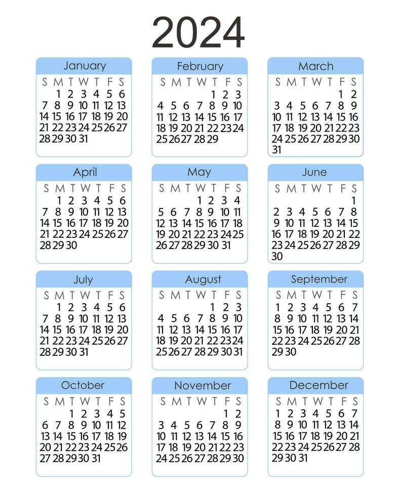 Calendar template for the year 2024 in simple minimalist style vertical portrait orientation, abstract colorful square shape background, week starts on Sunday, vector printable page