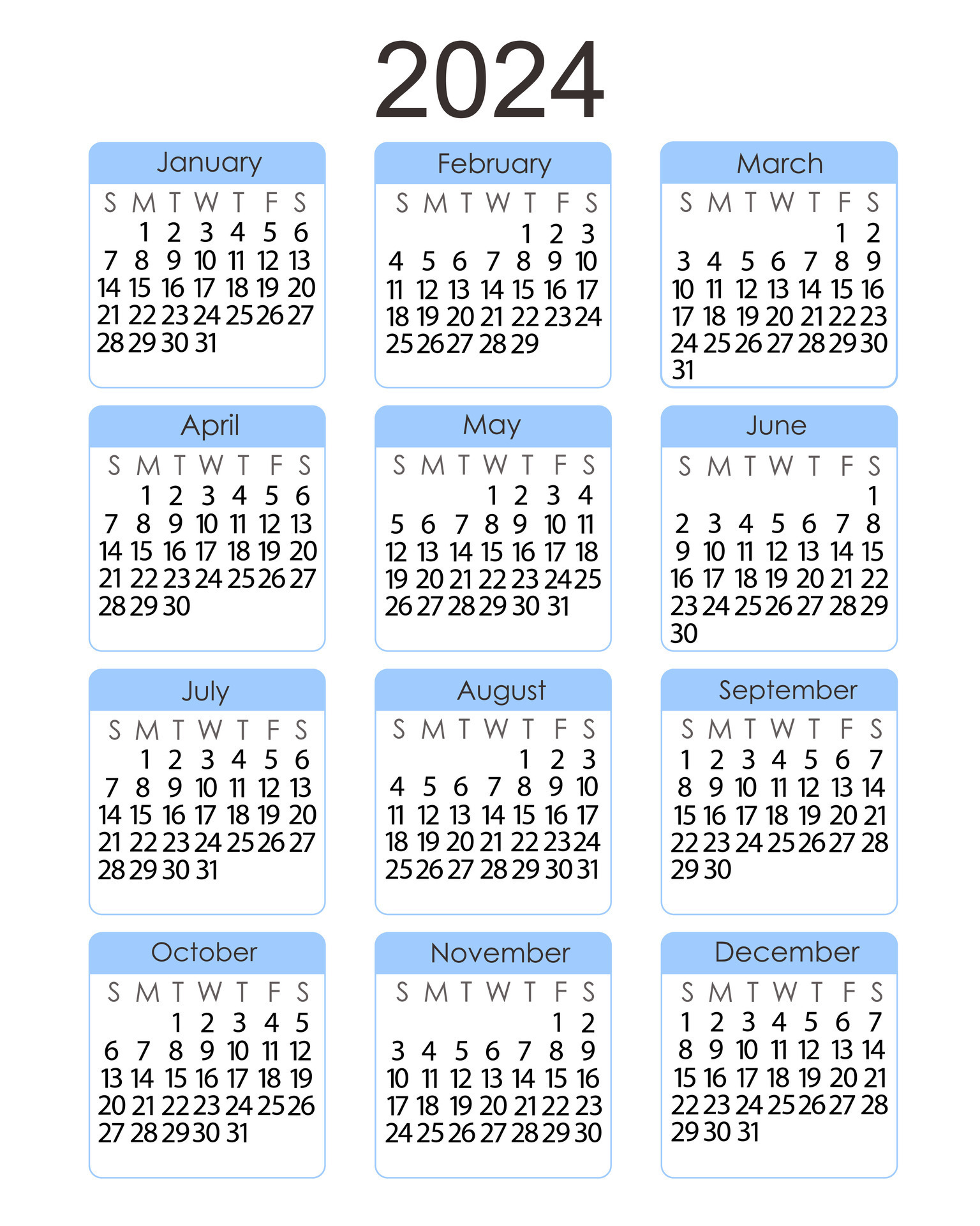 Calendar template for the year 2024 in simple minimalist style vertical
