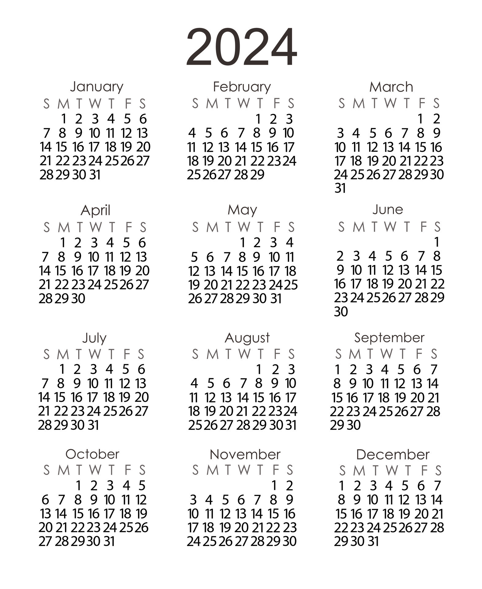 Calendar template for the year 2024 in simple minimalist style, week