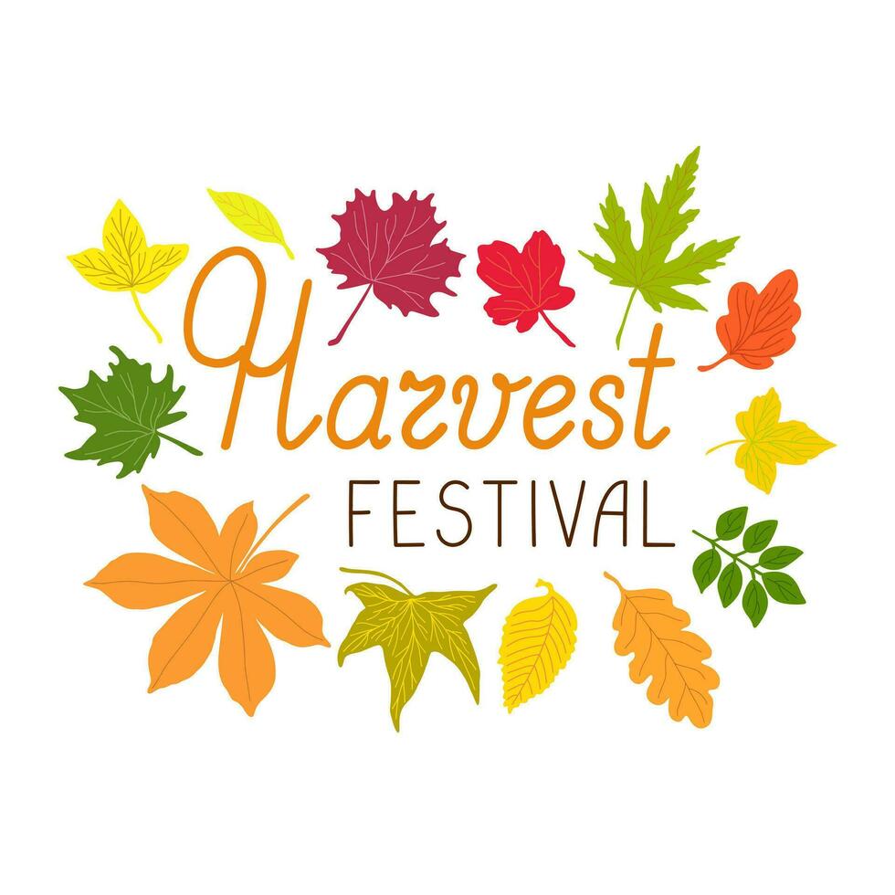 Autumn harvest festival handwritten lettering with leaves of bright fall colors vector, autumn holiday decor element for posters, cards, banners vector
