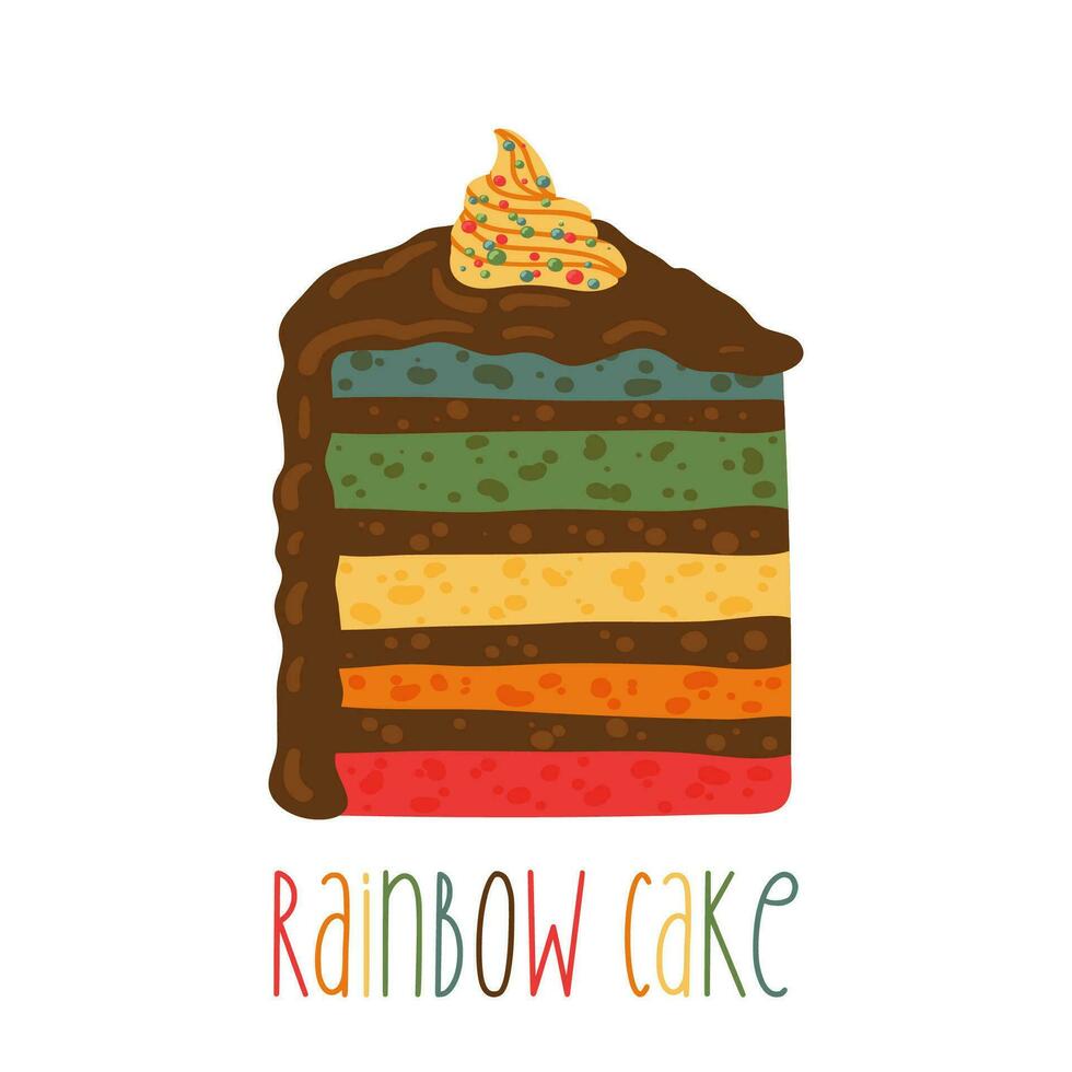 Rainbow cake slice. Happy birthday party vector element. Flat illustration in cartoon style for sticker, card, invitation