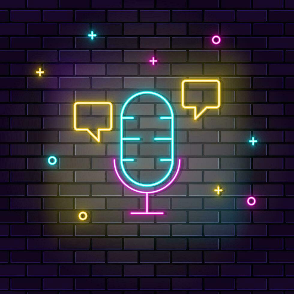 Microphone, smart, chat bobble icon , neon on wall. Dark background brick wall neon icon. vector