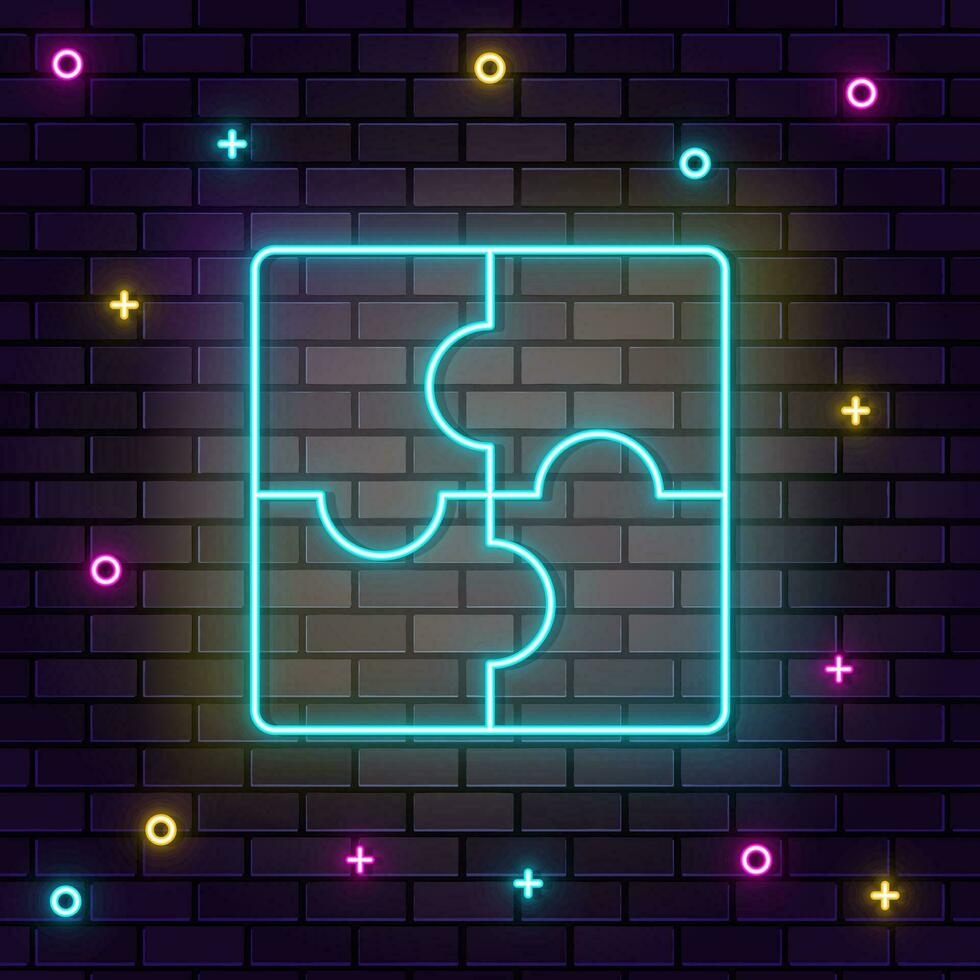 Puzzle, strategy, multicolor neon icon on dark brick wall. vector