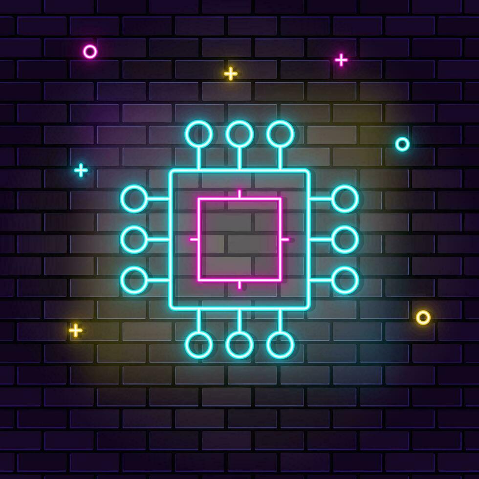 Processor, chip icon , neon on wall. Dark background brick wall neon icon. vector