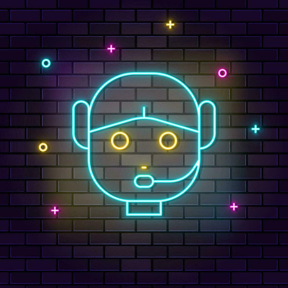 Customer, service, robot icon , neon on wall. Dark background brick wall neon icon. vector