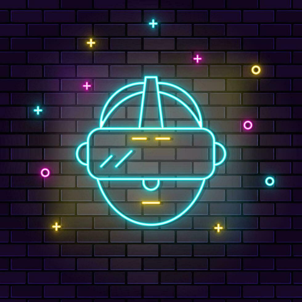 Vr, hat, man icon , neon on wall. Dark background brick wall neon icon. vector