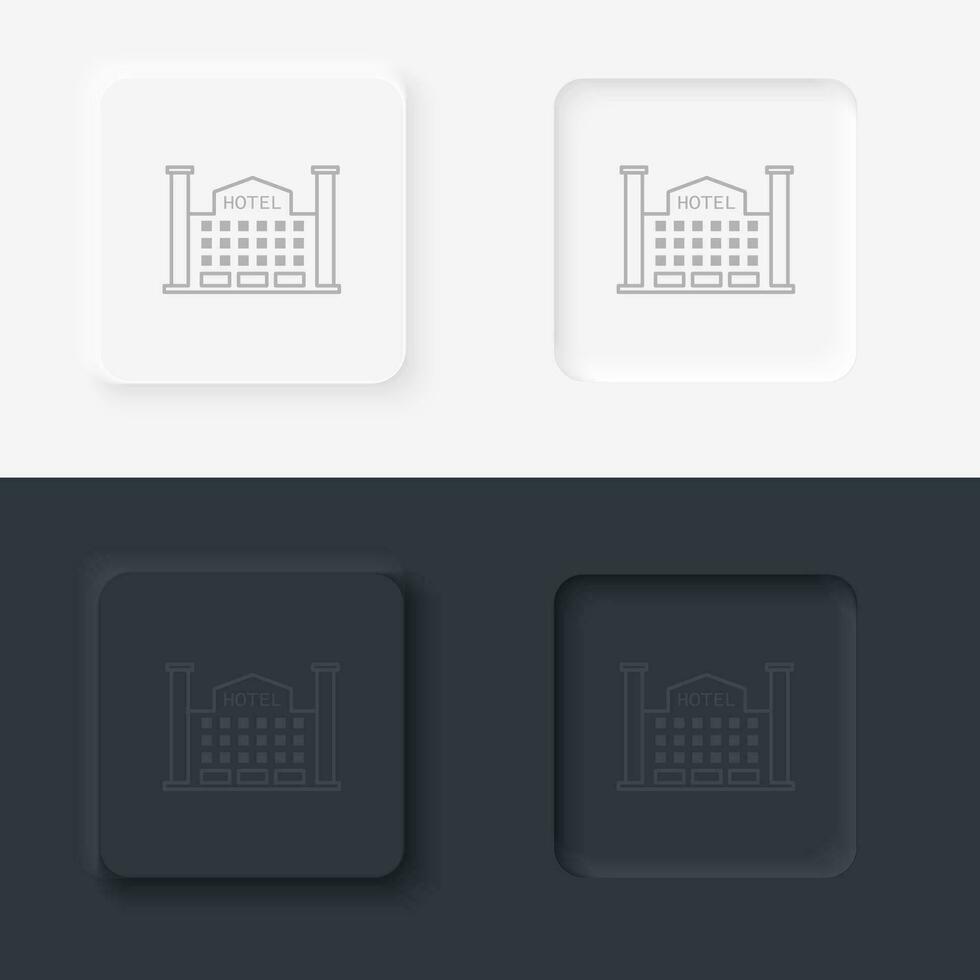 Building hotel outline icon. Neumorphic style button vector iconon black and white background set