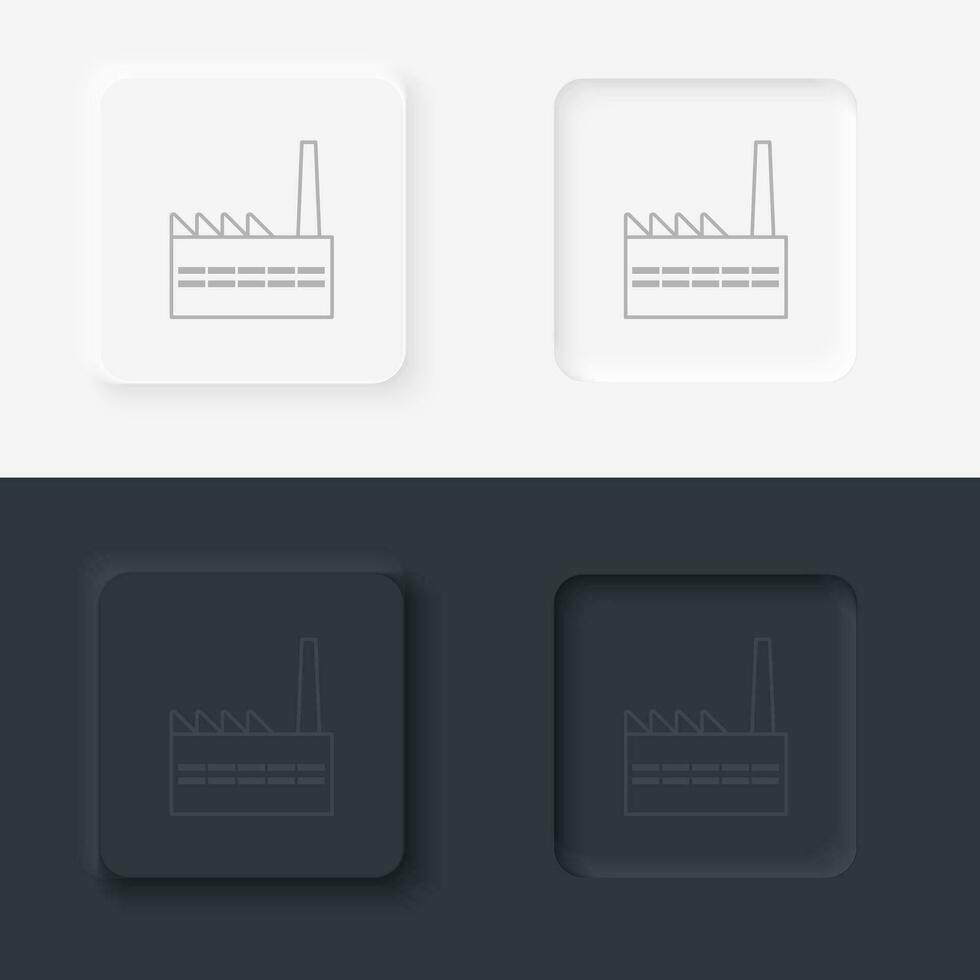 Building factory outline icon. Neumorphic style button vector iconon black and white background set