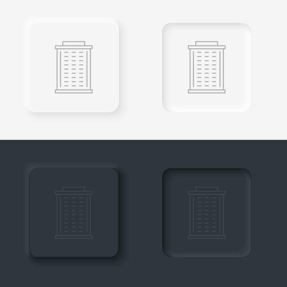 Building hotel outline icon. Neumorphic style button vector iconon black and white background set